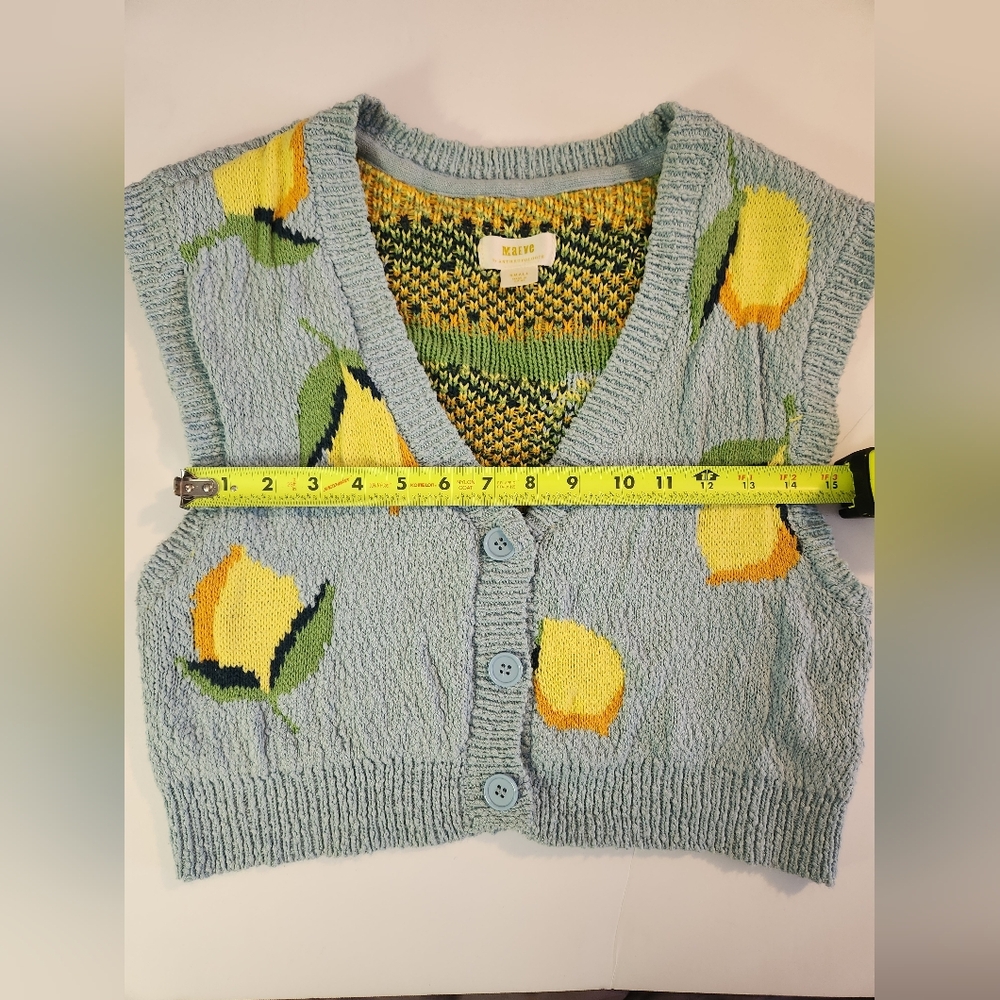 Anthropologie Maeve Melanie Shrunken Cardigan Blue Lemon Sweater Vest Size Small - Picture 8 of 11